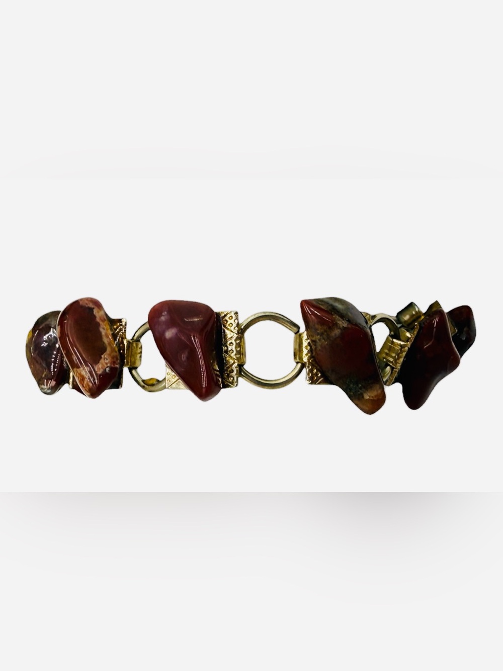 Vintage Carnelian Agate Stone Gold-Tone Textured Link Bracelet - Picture 5 of 9